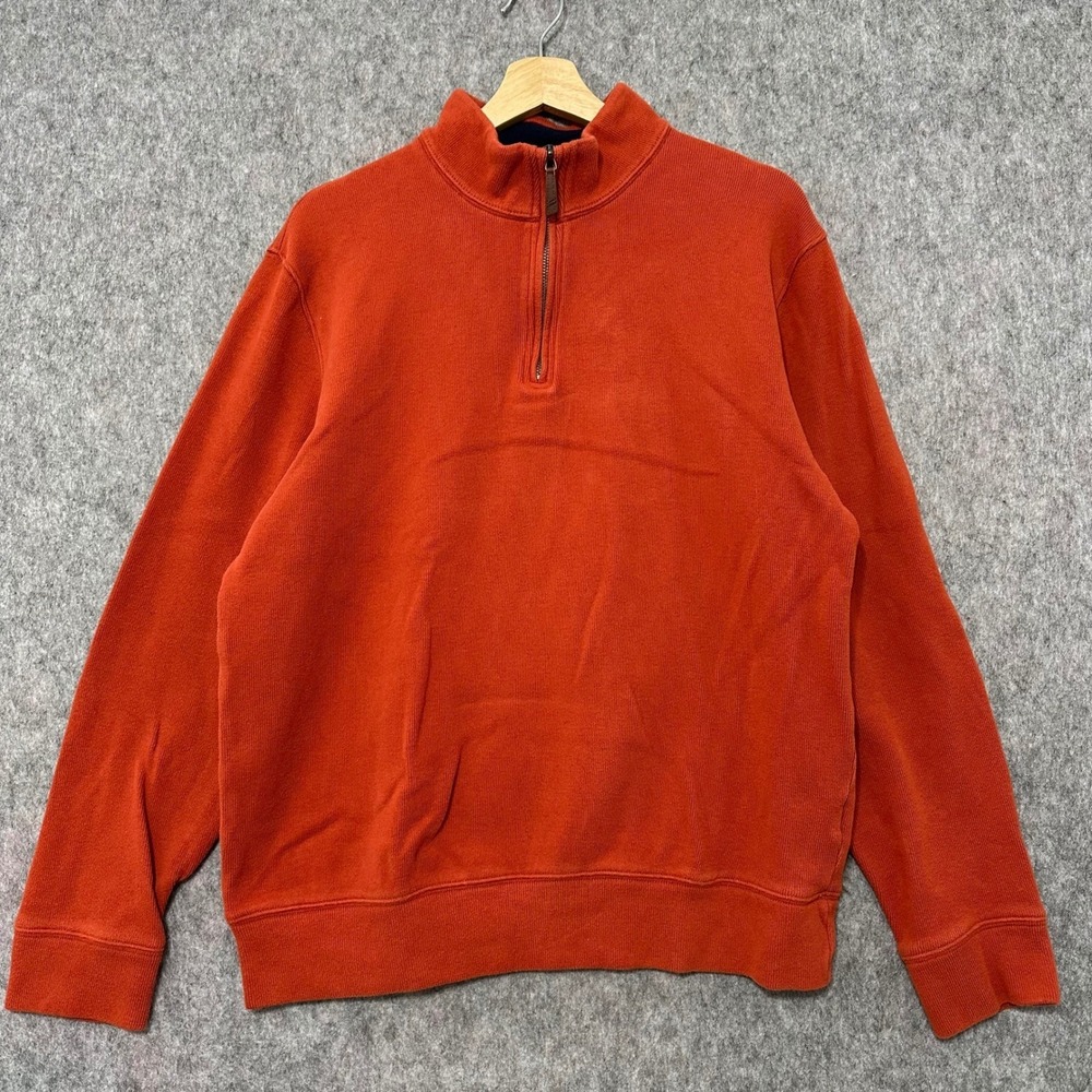 Lands End Quarter Zip Pullover Sweatshirt Orange Cotton Mens Size L
